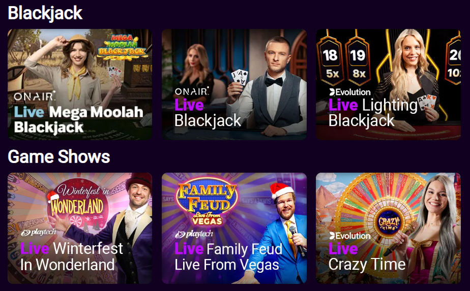 Live Blackjack and game shows including Crazy Time