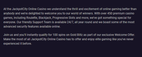 Jackpot City Online Casino welcome introduction with 450+ games